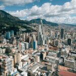 Aerial view of a city skyline in front of green mountains